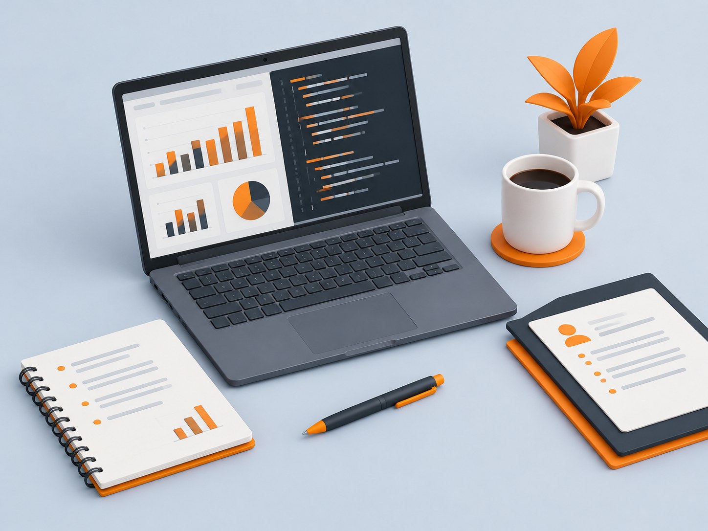 3D illustration of a tidy desk with a laptop showing bar charts and code, interview notes and a coffee cup, in orange, white and charcoal on a light gray-blue background