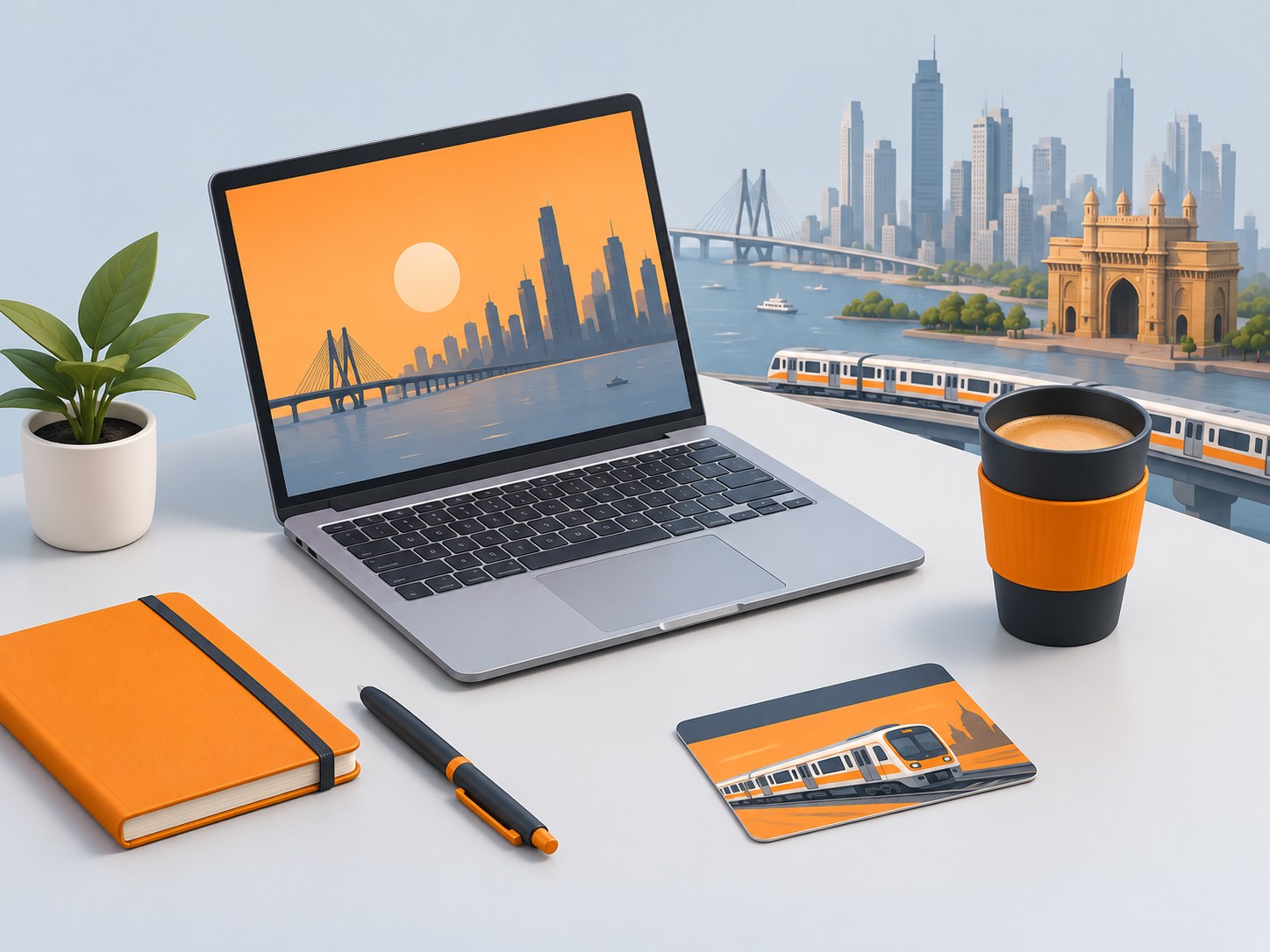 3D illustration of a desk with a laptop showing a Mumbai skyline, a local train, a notebook and a coffee cup, in orange, white and charcoal on a light gray-blue background